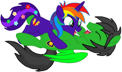 Size: 2708x1601 | Tagged: safe, artist:star-armour95, oc, oc only, oc:rainbow flower, oc:star armour, pegasus, unicorn, duo, duo male and female, female, horn, lying down, male, prone, romantic, simple background, transparent background