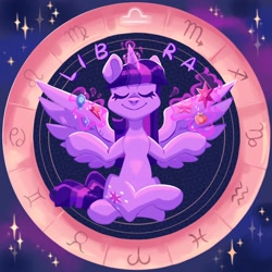 Size: 2000x2000 | Tagged: safe, artist:irisikiki, part of a set, twilight sparkle, alicorn, pony, g4, crossed legs, element of generosity, element of honesty, element of kindness, element of laughter, element of loyalty, element of magic, elements of harmony, eyes closed, female, levitation, libra, lotus position, magic, mare, sitting, smiling, solo, spread wings, stars, telekinesis, twilight sparkle (alicorn), wings, zodiac