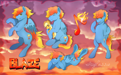 Size: 5160x3189 | Tagged: safe, artist:icy_passio, oc, oc:blazarius, pegasus, pony, character design, fiery mane, green eyes, male, pegasus oc, pony oc, reference sheet