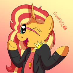 Size: 1000x1000 | Tagged: safe, artist:fruiitypieq, sunset shimmer, pony, unicorn, rainbow rocks 10th anniversary, equestria girls, g4, my little pony equestria girls: rainbow rocks, bipedal, clothes, ear piercing, female, gradient background, horn, jacket, jewelry, mare, necklace, one eye closed, open mouth, open smile, piercing, smiling, solo, underhoof