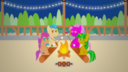 Size: 1920x1080 | Tagged: safe, artist:carrotorangelight, hitch trailblazer, sunny starscout, oc, oc:orangelight amber, oc:star rhythm, earth pony, pony, unicorn, g5, campfire, colored, food, horn, marshmallow, night, outdoors, pointy ponies, s'mores