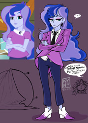 Size: 828x1159 | Tagged: safe, artist:kyno_3584, princess luna, sunset shimmer, vice principal luna, human, equestria girls, g4, alternate clothes, clothes, crossed arms, ear piercing, earring, eyebrows, eyeshadow, female, high heels, jacket, jewelry, makeup, necktie, pants, piercing, raised eyebrow, shoes, skeptical, solo, speech bubble, table flip