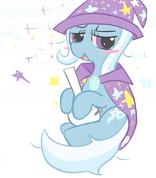 Size: 1257x1438 | Tagged: safe, artist:bonnboncakez, trixie, pony, unicorn, g4, blushing, bong, cape, clothes, cute, diatrixes, drug use, drugs, female, hat, high, horn, looking at you, lowres, mare, marijuana, simple background, smiling, solo, sparkles, stars, trixie's cape, trixie's hat, white background