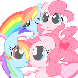 Size: 1600x1600 | Tagged: safe, artist:bonnboncakez, pinkie pie, rainbow dash, earth pony, pegasus, pony, g4, blushing, duo, duo female, female, heart, lesbian, mare, one eye closed, rainbow, ship:pinkiedash, shipping, simple background, white background, wink