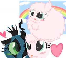 Size: 1600x1417 | Tagged: safe, artist:bonnboncakez, queen chrysalis, oc, oc:fluffle puff, changeling, changeling queen, earth pony, pony, g4, blushing, canon x oc, cloud, crown, duo, duo female, female, fluffy, heart, jewelry, lesbian, mare, rainbow, regalia, ship:chrysipuff, shipping, simple background, tongue out, white background