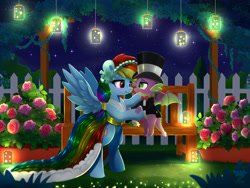 Size: 2400x1800 | Tagged: safe, artist:darksly, rainbow dash, spike, dragon, firefly (insect), insect, pegasus, pony, g4, age difference, bipedal, bowtie, bridesmaid dress, clothes, commission, dress, duo, duo male and female, female, flower, flying, hat, high res, lantern, looking at each other, looking at someone, male, mare, necktie, night, outdoors, rose, rose bush, ship:rainbowspike, shipping, smiling, smiling at each other, spread wings, straight, top hat, tuxedo, winged spike, wings