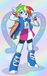 Size: 827x1346 | Tagged: safe, artist:delijz, rainbow dash, human, equestria girls, g4, clothes, gradient background, rainbow background, rainbow socks, socks, solo, striped socks