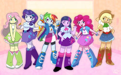 Size: 1137x703 | Tagged: safe, artist:delijz, applejack, fluttershy, pinkie pie, rainbow dash, rarity, twilight sparkle, human, equestria girls, g4, belt, boots, canterlot high, clothes, cowboy boots, cowboy hat, gradient background, hat, high heel boots, humane five, humane six, jacket, lockers, polka dot socks, rainbow socks, shirt, shoes, skirt, socks, striped socks, vest