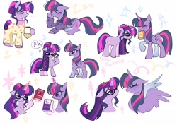 Size: 2048x1448 | Tagged: dead source, safe, artist:petaltwinkle, sci-twi, twilight sparkle, alicorn, pony, unicorn, g4, book, clothes, confused, duo, duo female, female, glasses, magic, mare, mouth hold, mug, pajamas, ponytail, self paradox, self ponidox, simple background, spread wings, telekinesis, thought bubble, twilight sparkle (alicorn), twolight, unicorn sci-twi, unicorn twilight, white background, wings