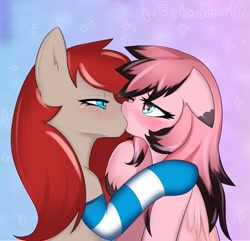 Size: 3000x2891 | Tagged: safe, artist:cheddart, oc, oc only, oc:cheddy, oc:ponepony, earth pony, pegasus, pony, blushing, clothes, duo, duo female, female, gradient background, kiss on the lips, kissing, lesbian, mare, socks, stockings, striped socks, thigh highs