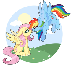 Size: 2048x1853 | Tagged: safe, artist:cinnamontee, fluttershy, rainbow dash, pegasus, pony, g4, circle background, cloud, cute, duo, duo female, eye clipping through hair, female, flower, flying, hill, lesbian, mare, nuzzling, outdoors, ship:flutterdash, shipping, spread wings, sun, unshorn fetlocks, wings