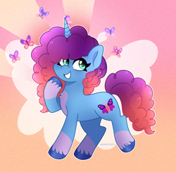 Size: 1862x1819 | Tagged: safe, artist:emera33, misty brightdawn, butterfly, pony, unicorn, g5, abstract background, female, gradient background, grin, horn, mare, outline, rebirth misty, smiling, solo, standing on two hooves, white outline, wingding eyes