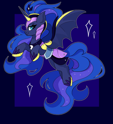 Size: 1857x2048 | Tagged: safe, artist:cinnamontee, gameloft, princess luna, alicorn, pony, g4, my little pony: magic princess, armor, bat wings, chaos luna, clothes, concave belly, crown, female, jewelry, mare, passepartout, regalia, shoes, smiling, solo, sparkles, spread wings, wings