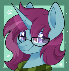 Size: 1935x1993 | Tagged: safe, artist:cinnamontee, oc, oc only, oc:morgan, pony, unicorn, bust, clothes, glasses, horn, male, passepartout, portrait, scarf, smiling, solo, stallion, stars, striped scarf