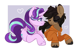 Size: 2048x1301 | Tagged: safe, artist:cinnamontee, starlight glimmer, oc, oc:snore, earth pony, pony, unicorn, g4, canon x oc, chest fluff, clothes, duo, duo male and female, ear fluff, earth pony oc, female, heart, hoodie, horn, male, mare, passepartout, stallion, straight, unshorn fetlocks