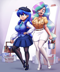 Size: 3000x3600 | Tagged: safe, artist:darkeros, artist:king-kakapo, derpibooru exclusive, princess celestia, princess luna, human, g4, belt, beret, breasts, busty princess celestia, busty princess luna, canvas, cleavage, clothes, collaboration, duo, ear piercing, earring, feet, female, hat, high heels, high res, humanized, incest, jewelry, lesbian, light skin, necktie, one eye closed, open mouth, paint, paint can, paintbrush, painting, piercing, royal sisters, ship:princest, shipping, shirt, shoes, siblings, sisters, skirt, socks, stocking feet, stockings, thigh highs, vest