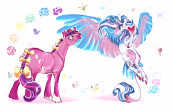 Size: 5100x3300 | Tagged: safe, artist:shirecorn, skywishes, star catcher, butterfly, earth pony, pegasus, pony, g3, absurd resolution, alternate design, bow, braid, braided tail, cloven hooves, colored wings, duo, duo female, female, flower, flying, leonine tail, lesbian, looking at each other, looking at someone, mare, multicolored wings, rose, ship:skycatcher, shipping, simple background, tail, tail bow, tail feathers, white background, wings