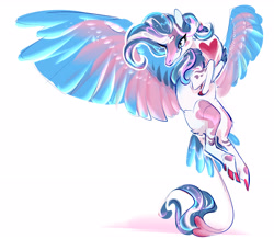 Size: 3155x2745 | Tagged: safe, artist:shirecorn, star catcher, pegasus, pony, g3, alternate design, cloven hooves, coat markings, female, flying, heart shaped, high res, leonine tail, mare, signature, simple background, smiling, solo, spread wings, tail, tail feathers, white background, wings