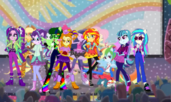 Size: 1145x683 | Tagged: oc name needed, safe, artist:ajosterio, edit, edited screencap, screencap, adagio dazzle, applejack, aria blaze, dj pon-3, fluttershy, pinkie pie, rainbow dash, rarity, sonata dusk, starlight glimmer, sunset shimmer, twilight sparkle, vinyl scratch, oc, human, rainbow rocks 10th anniversary, equestria girls, g4, female, humane five, humane seven, humane six, the dazzlings