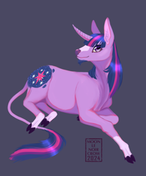 Size: 1072x1286 | Tagged: safe, artist:moonlenoircrow, twilight sparkle, classical unicorn, unicorn, g4, alternate cutie mark, blaze (coat marking), blue background, cloven hooves, coat markings, dark blue background, ear fluff, facial hair, facial markings, female, goatee, horn, leonine tail, looking at you, lying down, mare, palindrome get, prone, signature, simple background, smiling, smiling at you, socks (coat markings), solo, unicorn twilight