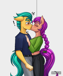 Size: 1500x1800 | Tagged: safe, artist:zachc, hitch trailblazer, sunny starscout, earth pony, anthro, g5, against wall, blushing, clothes, duo, duo male and female, exclamation point, eyes closed, female, kiss on the lips, kissing, male, midriff, ship:starblazer, shipping, straight, surprise kiss