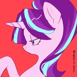 Size: 4096x4096 | Tagged: safe, artist:metaruscarlet, starlight glimmer, pony, unicorn, g4, equality, horn, ponytail, raised hoof, red background, simple background, solo