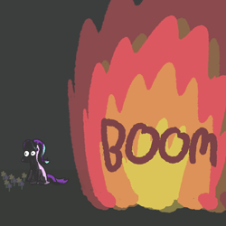 Size: 1000x1000 | Tagged: safe, artist:zoeyhorse, starlight glimmer, pony, unicorn, g4, comic, explosion, female, fire, flower, horn, mare, outdoors, sitting, solo, suddenly fire