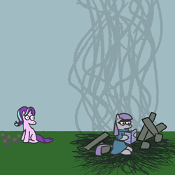 Size: 1000x1000 | Tagged: safe, artist:zoeyhorse, maud pie, starlight glimmer, earth pony, pony, unicorn, g4, comic, duo, duo female, female, flower, horn, mare, outdoors, reading, sitting, smoke, turned head