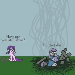 Size: 1000x1000 | Tagged: safe, artist:zoeyhorse, maud pie, starlight glimmer, earth pony, pony, unicorn, g4, comic, dialogue, duo, duo female, female, flower, horn, mare, outdoors, smoke, that just raises further questions, turned head