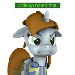 Size: 1200x1200 | Tagged: safe, artist:pika-robo, oc, oc:littlepip, pony, unicorn, fallout equestria, 3d, angry, fallout, fallout 4, female, floppy ears, frown, horn, mare, meme, puffy cheeks, reaction image, simple background, solo, source filmmaker, transparent background, video game reference