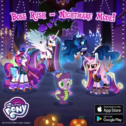 Size: 1080x1080 | Tagged: safe, gameloft, princess amore, princess cadance, princess celestia, princess luna, spike, alicorn, dragon, pony, g4, my little pony: magic princess, clothes, costume, cute, dragon costume, dragonception, edgy, edgy amore, edgy cadance, edgy celestia, edgy luna, female, halloween, holiday, jack-o-lantern, male, nightmare night costume, pumpkin, spikabetes, winged spike, wings