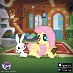 Size: 1080x1080 | Tagged: safe, gameloft, angel bunny, fluttershy, g4, my little pony: magic princess, book, duo, fluttershy's cottage (interior), indoors