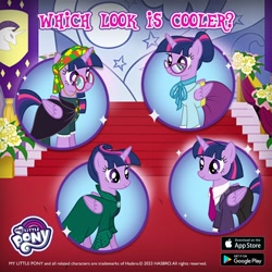 Size: 1080x1080 | Tagged: safe, gameloft, twilight sparkle, alicorn, unicorn, g4, my little pony: magic princess, clothes, glasses, horn, indoors, stairs, suit, twilight sparkle (alicorn)