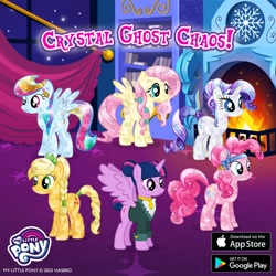 Size: 1080x1080 | Tagged: safe, gameloft, applejack, fluttershy, pinkie pie, rainbow dash, rarity, twilight sparkle, alicorn, earth pony, pegasus, unicorn, braid, crystallized, fire, fireplace, horn, twilight sparkle (alicorn)