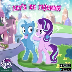 Size: 1080x1080 | Tagged: safe, gameloft, starlight glimmer, trixie, unicorn, crystal empire, duo, duo female, female, horn, standing