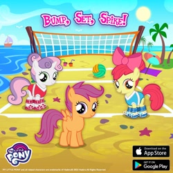 Size: 1080x1080 | Tagged: safe, gameloft, apple bloom, scootaloo, sweetie belle, earth pony, pegasus, unicorn, beach, boat, cutie mark crusaders, female, filly, foal, horn, ocean, palm tree, tree, trio, trio female, volleyball net, water