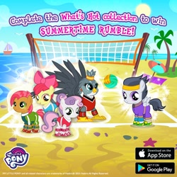 Size: 1080x1080 | Tagged: safe, gameloft, apple bloom, babs seed, gabby, rumble, sweetie belle, earth pony, griffon, pegasus, pony, unicorn, alternate hairstyle, beach, boat, colt, female, filly, foal, hair bun, horn, male, ocean, palm tree, tree, volleyball net, water