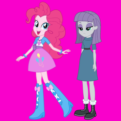 Size: 1080x1080 | Tagged: safe, editor:josephpatrickbrennan, maud pie, pinkie pie, human, equestria girls, g4, female, pie sisters, pink background, siblings, simple background, sisters