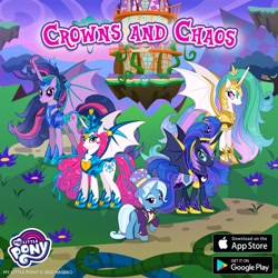 Size: 1080x1080 | Tagged: safe, gameloft, princess amore, princess celestia, princess luna, trixie, twilight sparkle