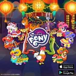 Size: 1080x1080 | Tagged: safe, gameloft, applejack, fluttershy, pinkie pie, rainbow dash, rarity, twilight sparkle, big cat, bird, snake, tiger, chinese new year, mane six, rooster