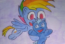 Size: 1712x1154 | Tagged: safe, artist:dex stewart, rainbow dash, smallfry, earth pony, pegasus, pony, g4.5, my little pony: pony life, colt, duo, duo male and female, female, flying, foal, male, mare, traditional art