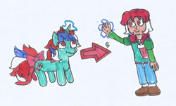 Size: 1149x695 | Tagged: safe, artist:spaton37, fizzy, human, pony, unicorn, g1, horn, human ponidox, humanized, magic, self paradox, self ponidox, simple background, solo, traditional art, transformation, transformation sequence, white background