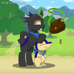 Size: 4500x4500 | Tagged: safe, artist:alejandrogmj, artist:wasisi, oc, oc only, oc:wasisi, changeling, cyndaquil, bag, changeling oc, clothes, duo, glowing, glowing horn, horn, magic, outdoors, paper, pokémon, pokémon mystery dungeon, scarf, self paradox, tree