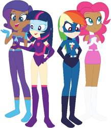 Size: 502x576 | Tagged: safe, artist:sturk-fontaine, pinkie pie, rainbow dash, rarity, twilight sparkle, human, equestria girls, g4, base used, dark skin, eyeshadow, geode of shielding, geode of sugar bombs, geode of super speed, geode of telekinesis, human coloration, light skin, magical geodes, makeup, simple background, superhero, visor, white background