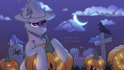 Size: 4000x2250 | Tagged: safe, artist:divori, oc, oc only, bird, pony, raven (bird), candle, chest fluff, cloud, commission, ear fluff, grass, gravestone, graveyard, halloween, hat, holiday, jack-o-lantern, looking at you, moon, night, outdoors, pumpkin, raffle, red eyes, stars, your character here