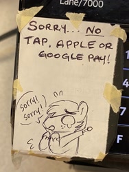 Size: 1536x2048 | Tagged: safe, artist:texacity, big macintosh, earth pony, pony, g4, crying, dialogue, emanata, irl, male, pen drawing, photo, plewds, solo, speech bubble, stallion, text, traditional art