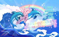 Size: 3575x2260 | Tagged: safe, artist:redjester, dolphin, pony, advertisement, base, blue sky, commission, eyes closed, horn, outdoors, rainbow, smiling, sparkles, spread wings, text, vector, water, wave, wings, your character here