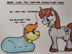 Size: 2048x1536 | Tagged: safe, artist:hoofclid, braeburn, oc, oc:hoofclid, earth pony, pony, unicorn, blanket, blanket burrito, canon x oc, chest fluff, dialogue, duo, duo male, gay, horn, male, marker drawing, open mouth, open smile, shipping, smiling, stallion, traditional art