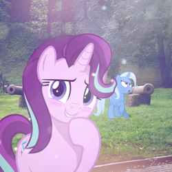 Size: 1947x1947 | Tagged: safe, artist:jhayarr23, artist:trrrebleee, edit, vector edit, starlight glimmer, trixie, pony, unicorn, g4, blushing, cannon, duo, duo female, female, horn, irl, lesbian, mare, outdoors, photo, ponies in real life, raised hoof, real life background, ship:startrix, shipping