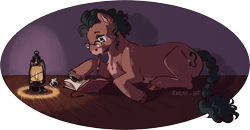 Size: 1701x886 | Tagged: safe, artist:enemy-art, oc, oc only, oc:inkdrop, earth pony, pony, braid, braided tail, curly mane, drawing, eyebrows, glasses, green eyes, green mane, hooves, horseshoes, ink, lantern, lying down, night, nonbinary, ponysona, shading, simple background, solo, tail, wooden floor